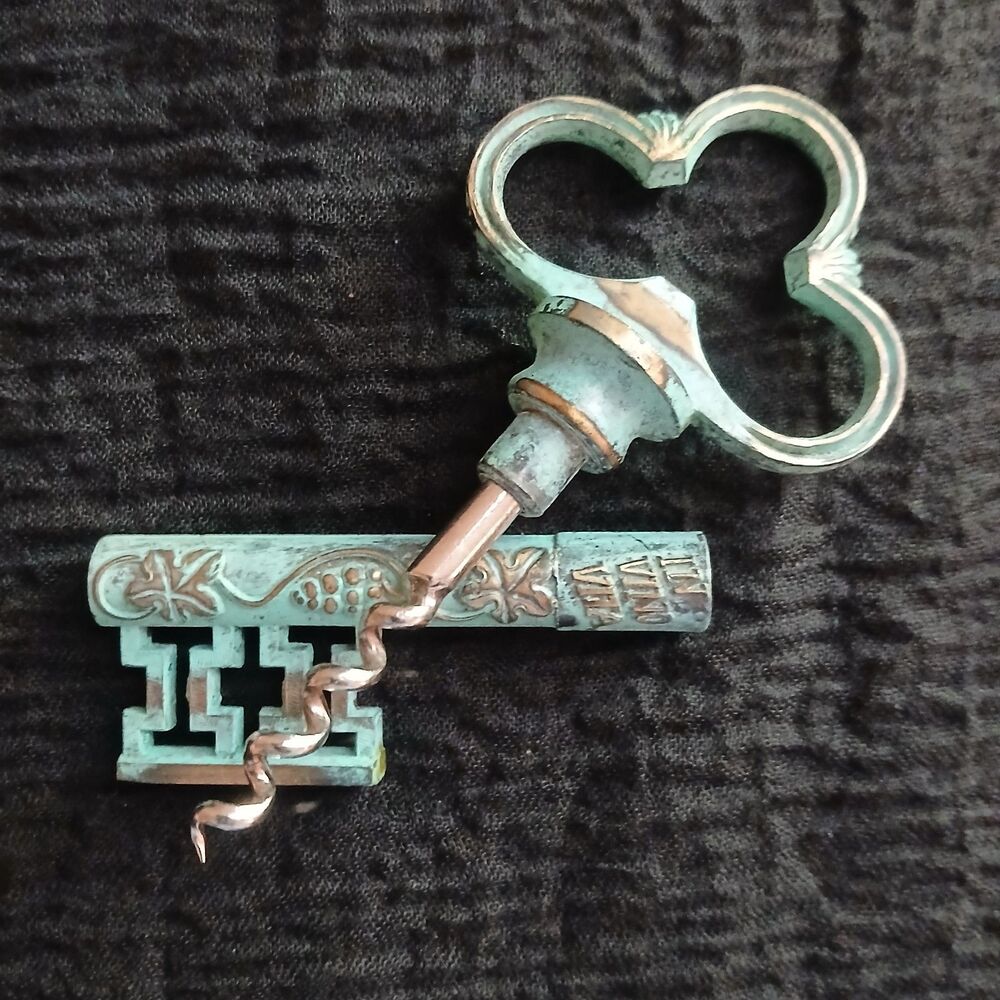 Vintage Brass Key Shaped Wine Key & Bottle Opener Green Patina Finish 5.5"